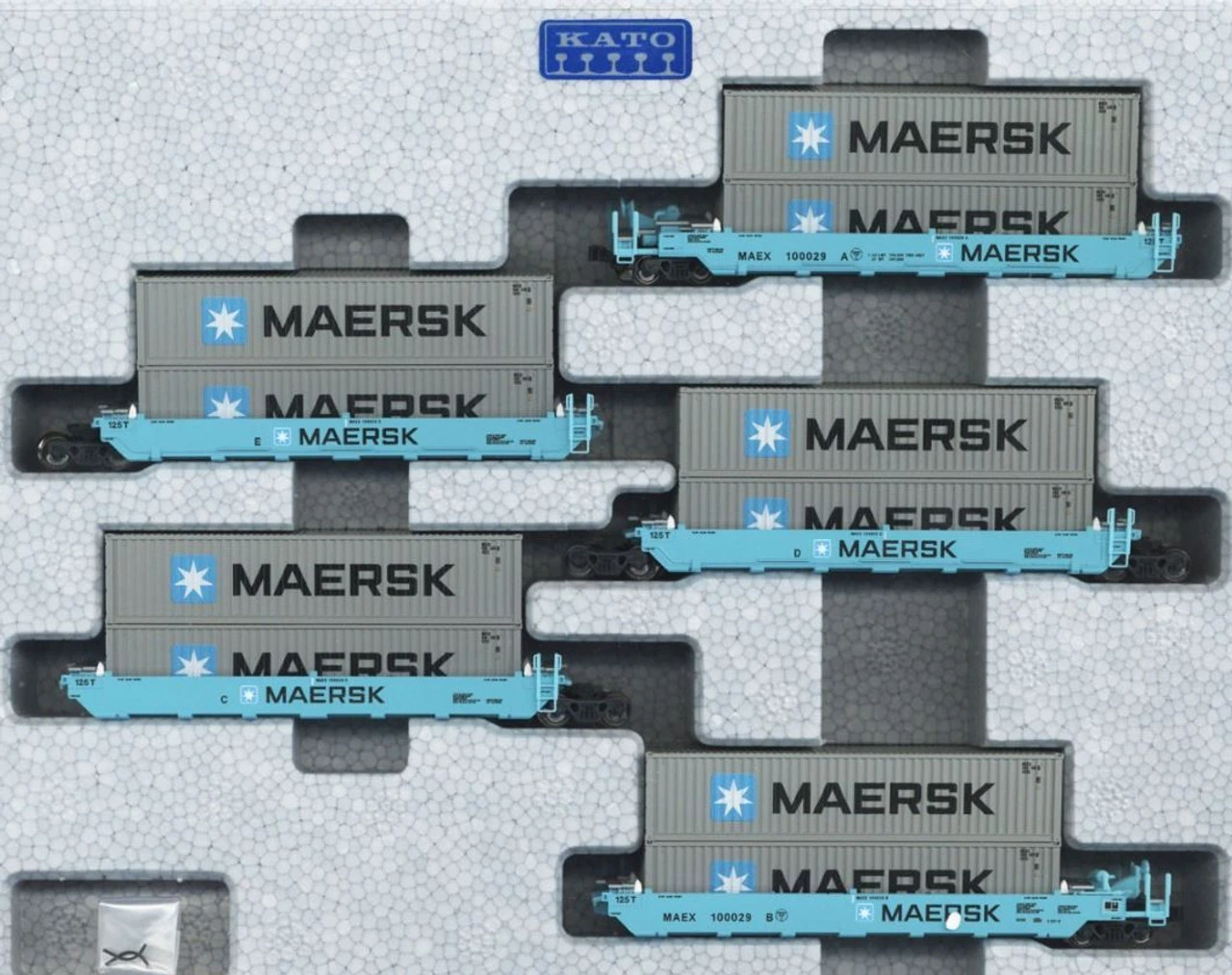 Kato 106-6198 Gunderson MAXI-I Double Stack Car MAERSK #100029 W/MAERSK Containers 5 Car Set (N Scale) - Image 2